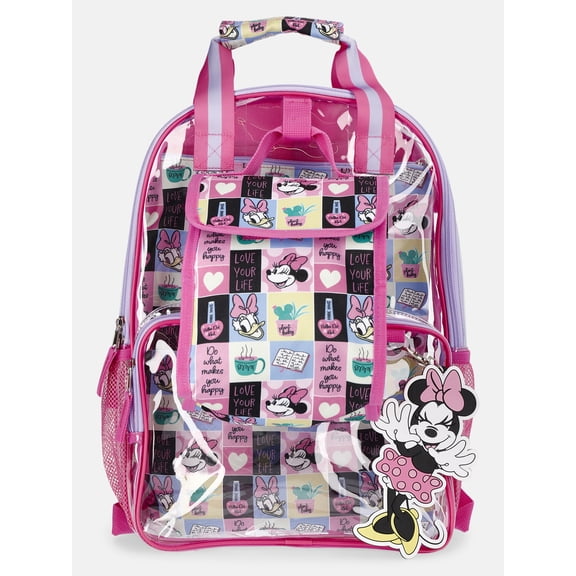 Disney Minnie Mouse Girls 17" Clear Comic Strip Backpack with Lunch Box and Keychain, 3-Piece Set, Pink