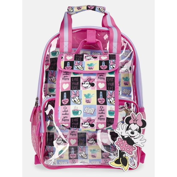 Disney Minnie Mouse Girls 17" Clear Comic Strip Backpack with Lunch Box and Keychain, 3-Piece Set, Pink