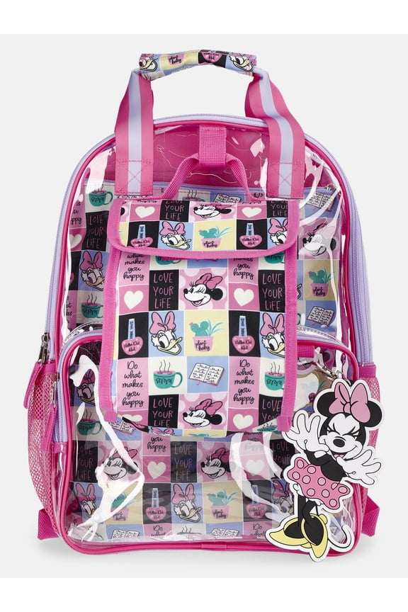 Disney Minnie Mouse Girls 17" Clear Comic Strip Backpack with Lunch Box and Keychain, 3-Piece Set, Pink