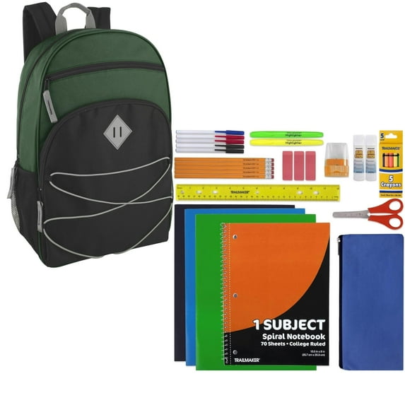 17 Inch Multipocket Bungee Cord Backpack with 30 Piece Stationary Kit Including Pens, Pencils, Spiral Notebook, Folders, Pencil Sharpener, Erasers and More in Hunter Green & Black