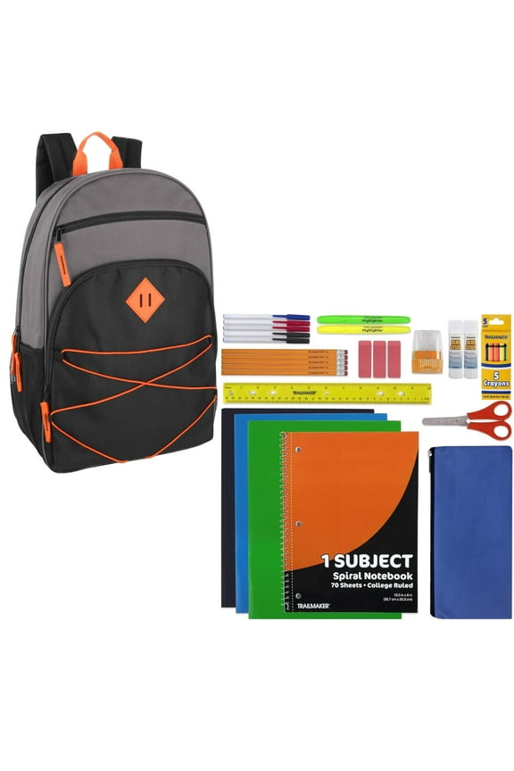 17 Inch Multipocket Bungee Cord Backpack with 30 Piece Stationary Kit Including Pens, Pencils, Spiral Notebook, Folders, Pencil Sharpener, Erasers and More!