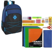 17 Inch Multipocket Bungee Cord Backpack with 30 Piece Stationary Kit Including Pens, Pencils, Spiral Notebook, Folders, Pencil Sharpener, Erasers and More in Navy Blue and Black