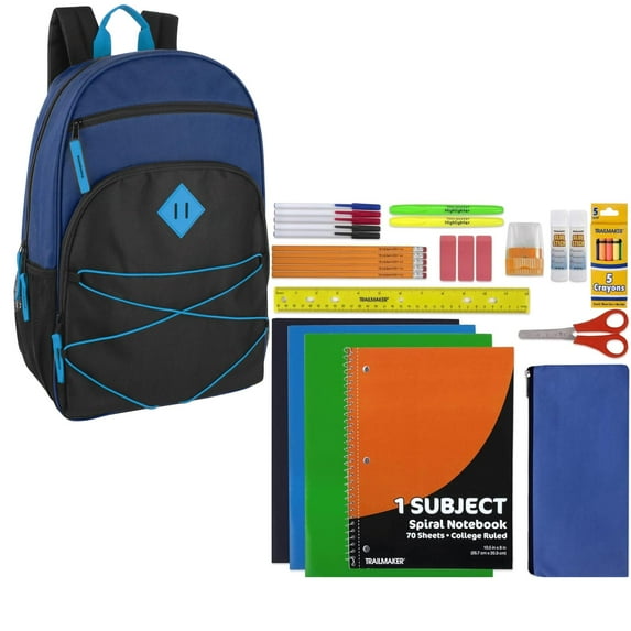 17 Inch Multipocket Bungee Cord Backpack with 30 Piece Stationary Kit Including Pens, Pencils, Spiral Notebook, Folders, Pencil Sharpener, Erasers and More in Navy Blue and Black
