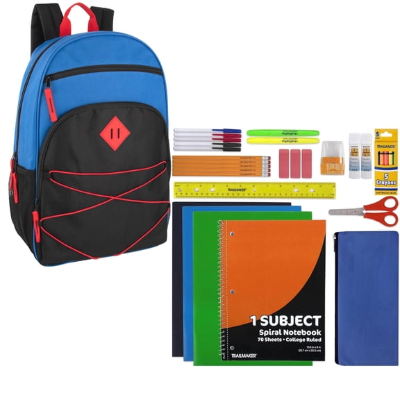 17 Inch Multipocket Bungee Cord Backpack with 30 Piece Stationary Kit Including Pens, Pencils, Spiral Notebook, Folders, Pencil Sharpener, Erasers and More in Ocean Blue & Black