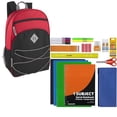 thumbnail image 1 of 17 Inch Multipocket Bungee Cord Backpack with 30 Piece Stationary Kit Including Pens, Pencils, Spiral Notebook, Folders, Pencil Sharpener, Erasers and More in Red & Black, 1 of 1