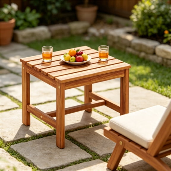 17 Inch Natural Acacia Wood Outdoor Side Table Square Slatted Patio End Table with Drainage Design HeavyDuty 400lbs Capacity Bistro Table for Backyard Garden Poolside