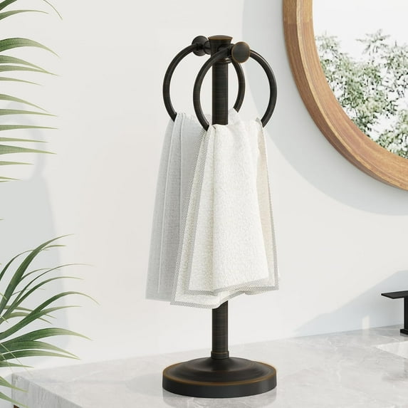 17 Inch Oil Rubbed Bronze Stainless Steel Free Standing Towel Rack Bar, Double Stand Towel Ring Hand Towel Holder Hanger, Towel Hardware for Bathroom Vanity Kitchen Countertops