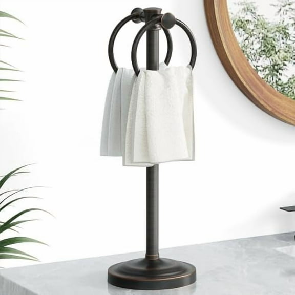 17 Inch Oil Rubbed Bronze Stainless Steel Free Standing Towel Rack Bar, Double Stand Towel Ring Hand Towel Holder Hanger, Towel Hardware for Bathroom Vanity Kitchen Countertops