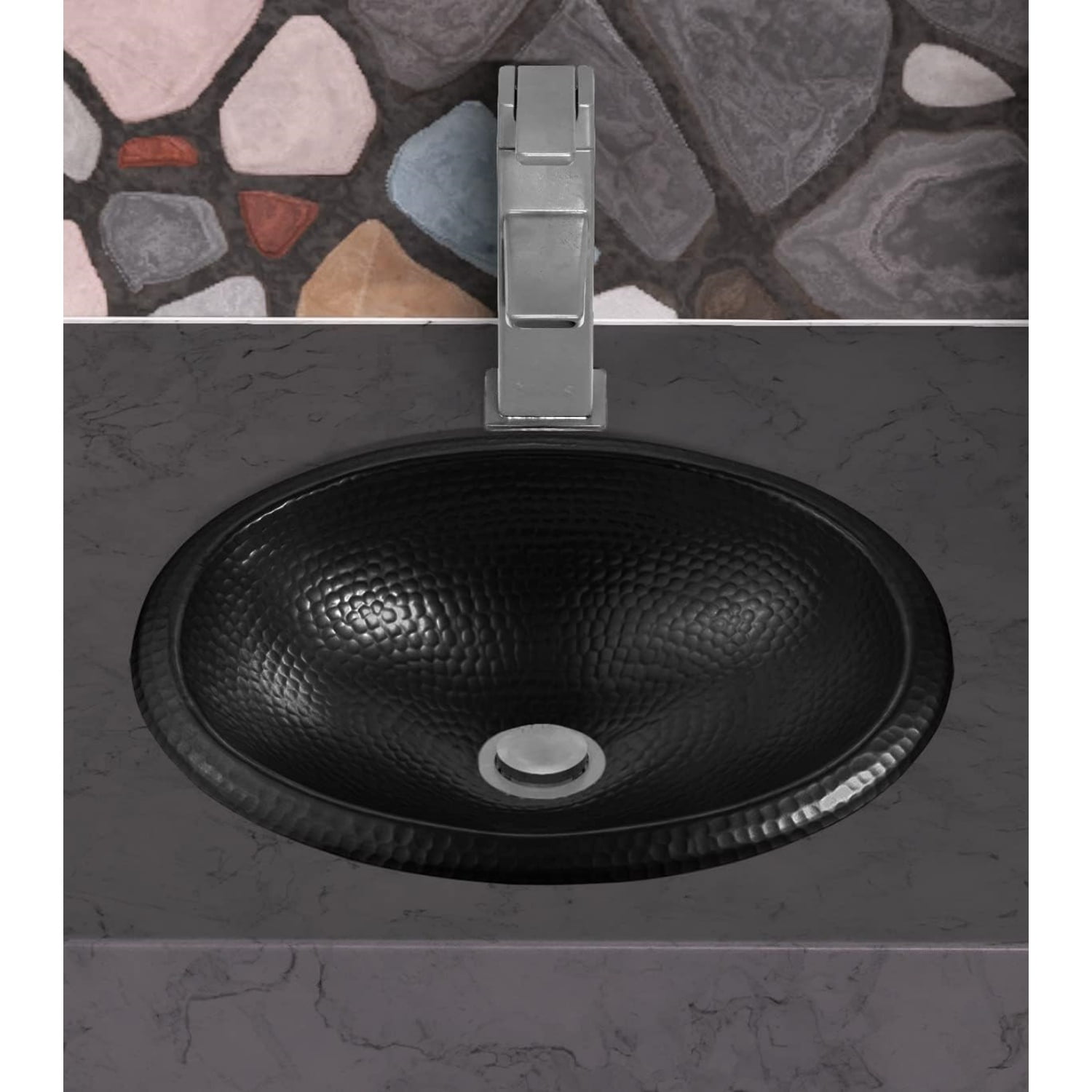 17-Inch Oval Drop In Bathroom Sink, Top Mount Hand Hammered Matte Black Vanity Sinks for Countertop, Powder Room, Guest Bath or Restroom, Drop in Sinks for Bathrooms