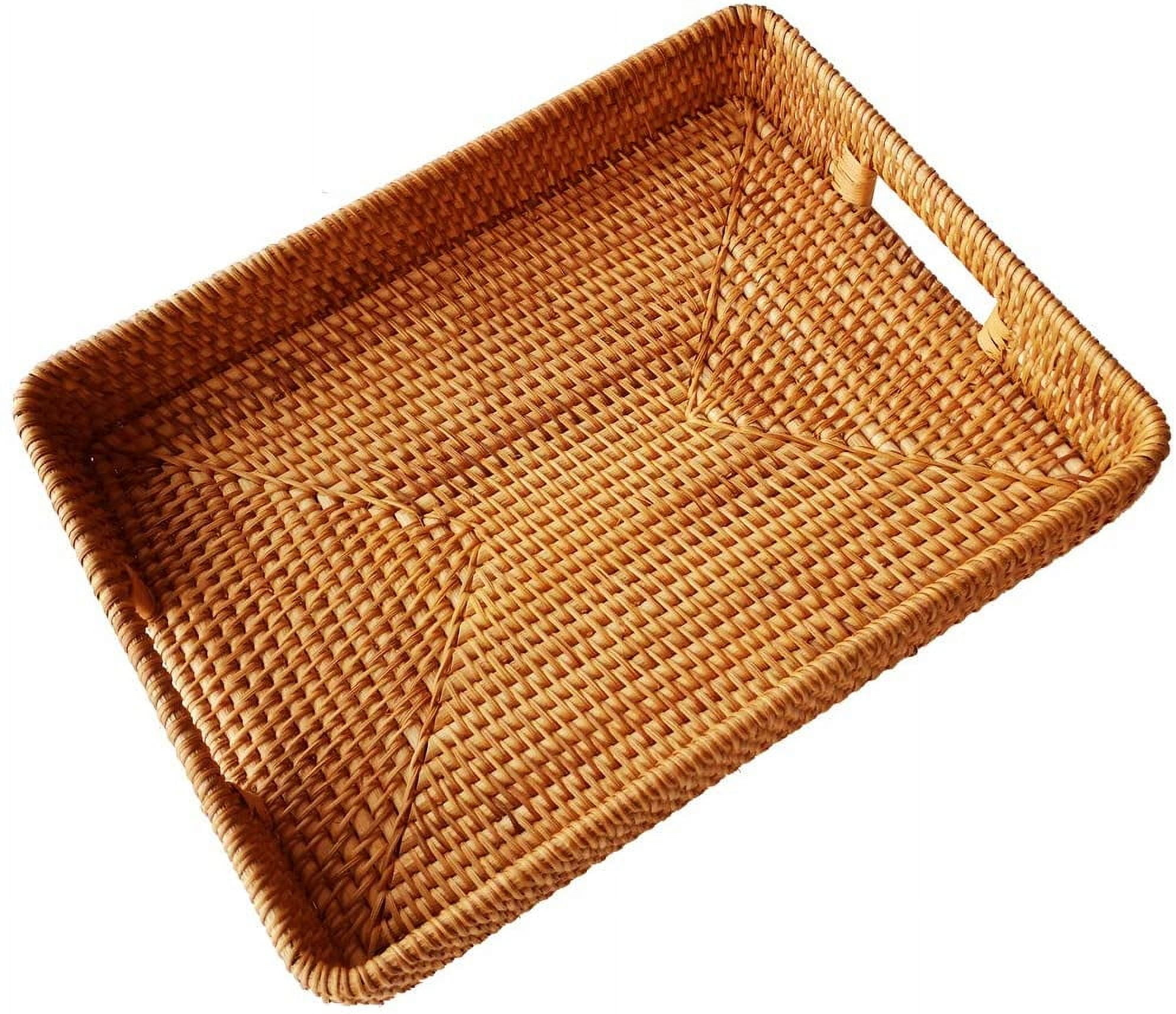 I-lan 20 Inch Handmade Rattan Serving Tray - Rectangular Woven Basket With Handles, Rustic Decor