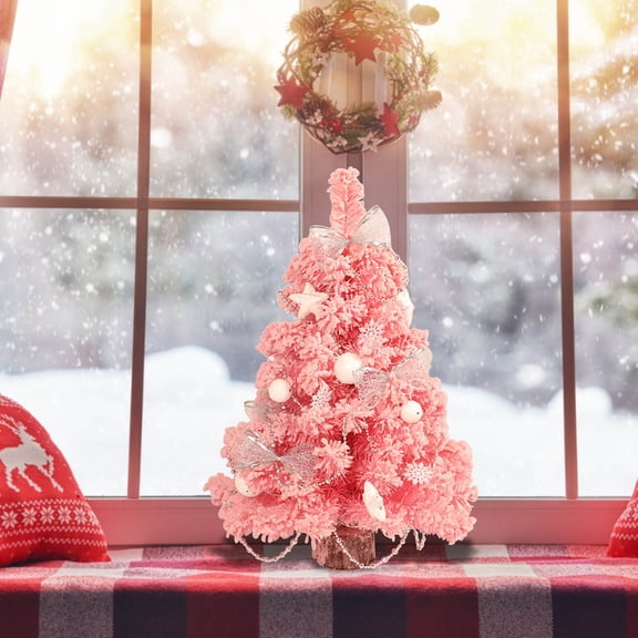 (Off-Season Clearance)17 Inch Pink Flocked Christmas Tree  Mini Tabletop Decor with Lights (Holiday Gifts & Party Decor)