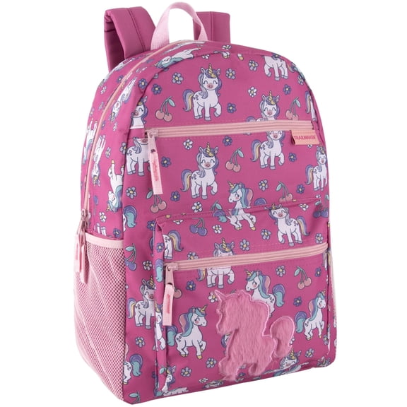 17 Inch Plush Unicorn Backpack with Plush Applique for Travel, Camping and Commuting