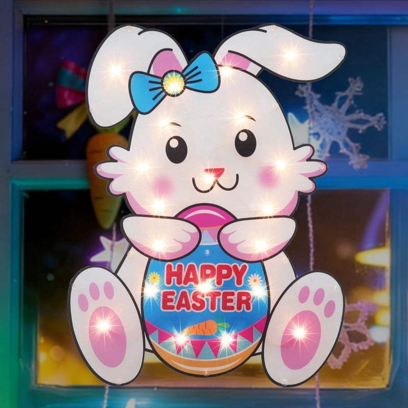 17-Inch Pre-Lit Easter Egg Window Silhouette, Bunny and Egg Themed Lighted Window Decor