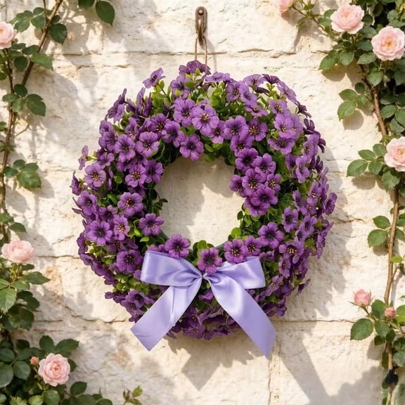 17 Inch Purple Artificial Flower Wreath with Bow, Spring Floral Wreath for Front Door Wall Decor Christmas Wreath