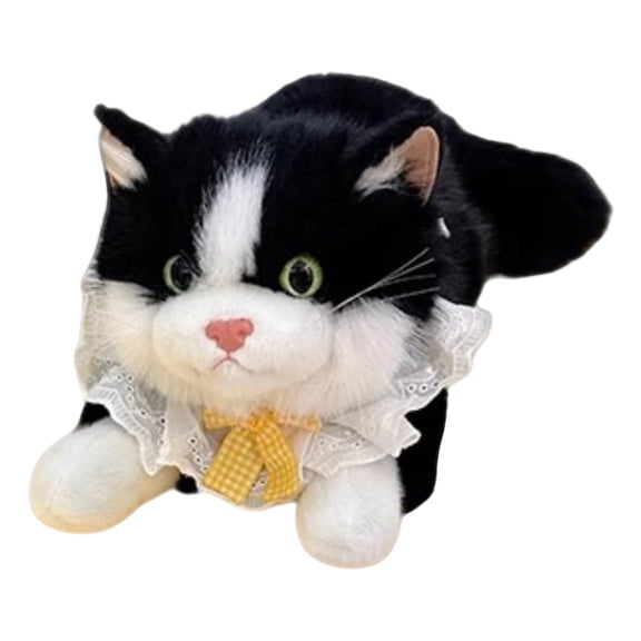 17 Inch Realistic Simulation Cat Plush Doll with Music and Bib Cuddly Interactive Toy Black Ragdoll for Holiday Gift