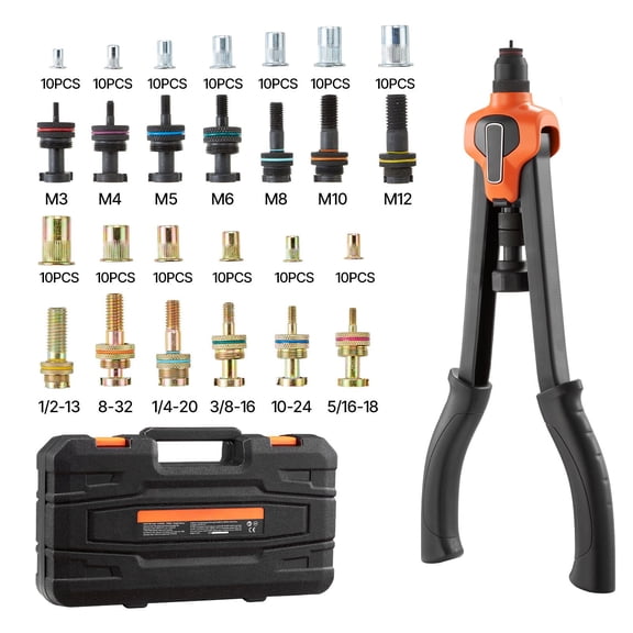 17" Rivet Nut Tool Set with 13 Mandrels&130 Nuts,Metric&SAE Sizes M3-M12&8-32 to 3/8-16 UNC,Includes Durable Carrying Case