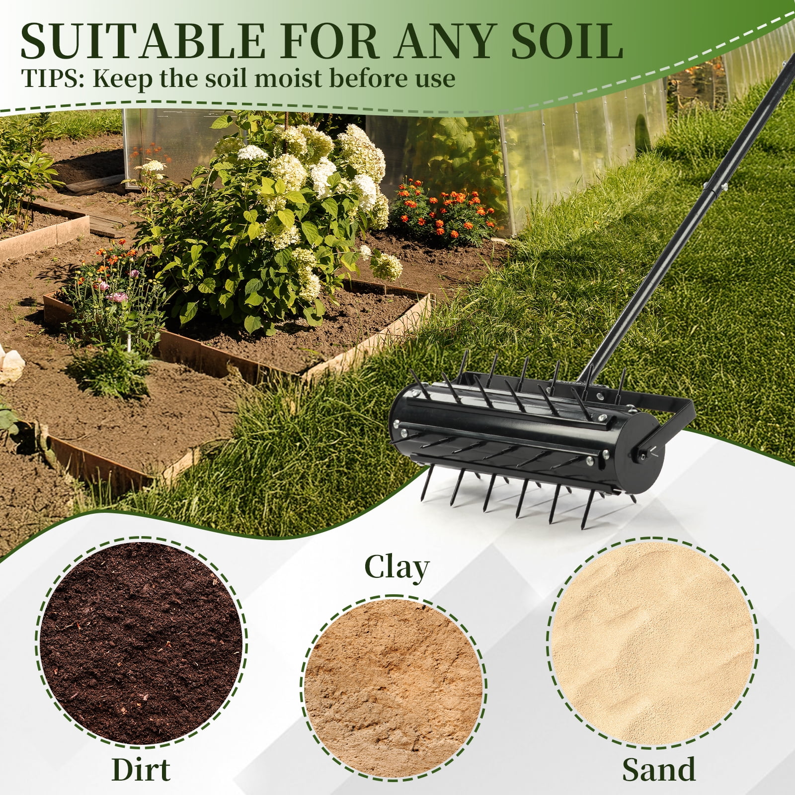 17 Inch Rolling Lawn Aerator Tool with T Handle 48 Inch Long Handle 2 Inch Steel Spikes for Soil Aeration Heavy Duty Galvanized Steel Yard Tool for DIY Lawn Care Compact Soil Relief Black