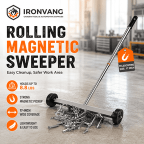 17-Inch Rolling Magnetic Sweeper with Wheels, Heavy Duty Magnet Pickup Tool with Adjustable Telescoping Handle, 8.8 Lb Capacity Floor Sweeper for Nails, Screws, Metal Debris, Garage, Workshop, Constr