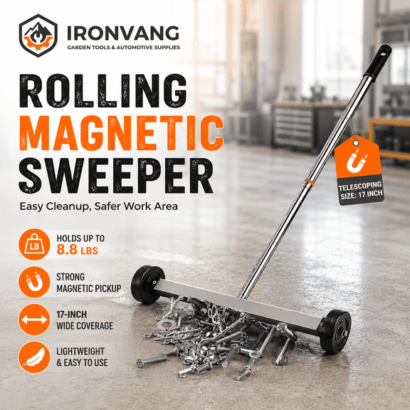 17-Inch Rolling Magnetic Sweeper with Wheels, Heavy Duty Magnet Pickup Tool with Adjustable Telescoping Handle, 8.8 Lb Capacity Floor Sweeper for Nails, Screws, Metal Debris, Garage, Workshop, Constr