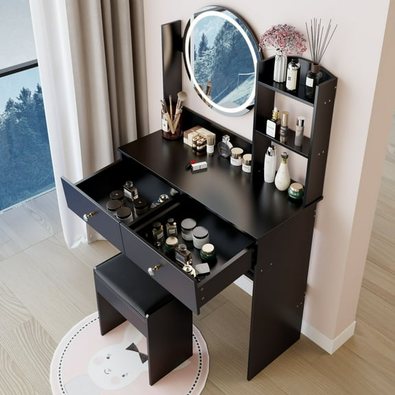 17-Inch Round LED Mirror Vanity Table With Soft Cushion Stool Set, Adjustable Brightness, Multi-Layer Storage,Black