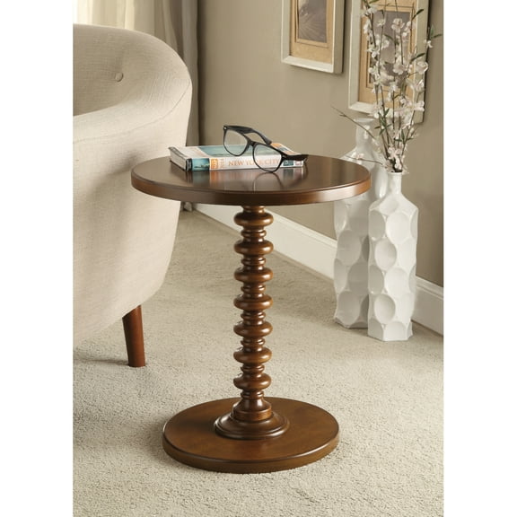 17 Inch Round Wood Side Table, Turned Support, Walnut Brown- Saltoro Sherpi