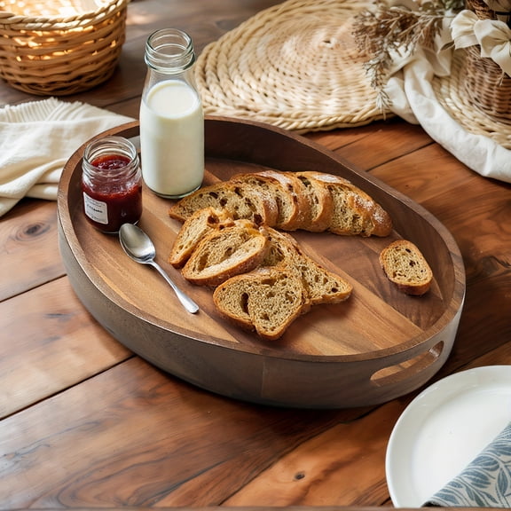 17 Inch Round Wooden Tray with Handle - Lacquered Striped Pattern Decorative Tray for Coffee Table, Bedside Breakfast, Candle Display & Holiday Decor