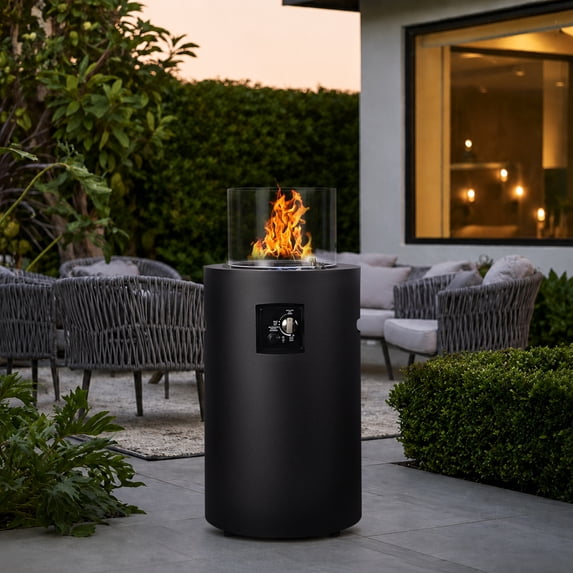 17 inch Small Propane Fire Pit, 50,000 BTU Outdoor Gas Fire Pit Table, 2-in-1 Black Round Fire Column with Glass Wind Guard for Patio, CSA Certified