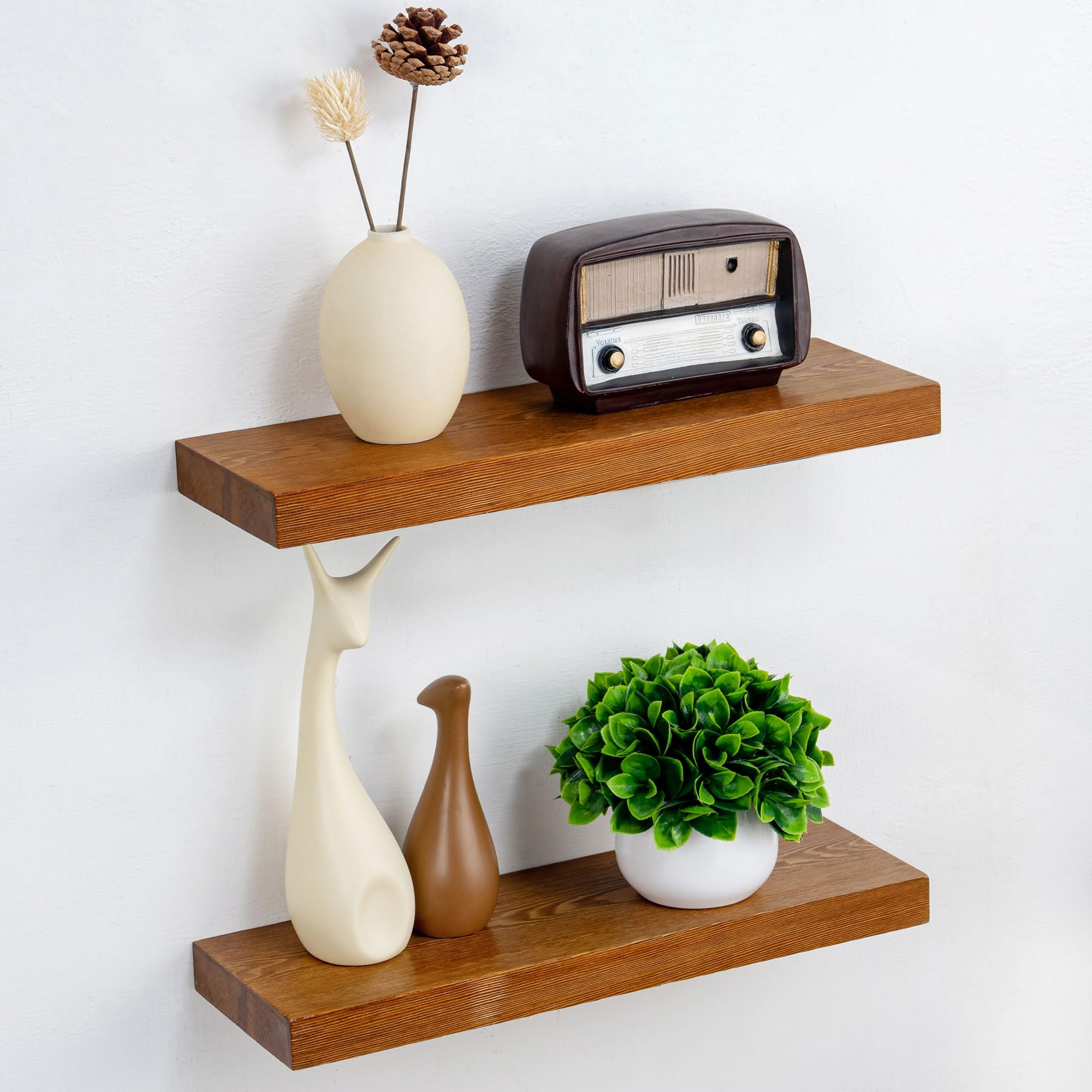 17 Inch Solid Pine Wood Floating Shelves Set of 2, Rustic Wooden Wall