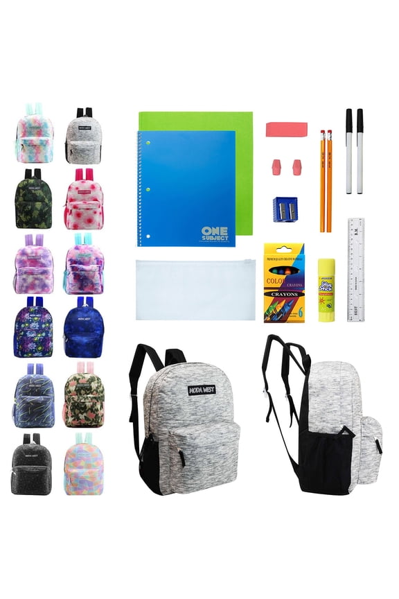 12-Pack 17” Sport Backpacks with 18 Piece School Supplies Kits - Pens, Pencils, Crayons – Bulk Bundle for Elementary, Middle, and High School Students, 12 Assorted Styles