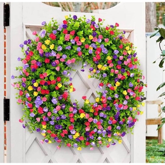 17.7 Inch All Seasons Floral Wreath, Colorful Artificial Flower Wreath, Thanksgiving Halloween Christmas Front Door Decor, Spring Summer Fall Winter Hanging Wreath with Green Leaves
