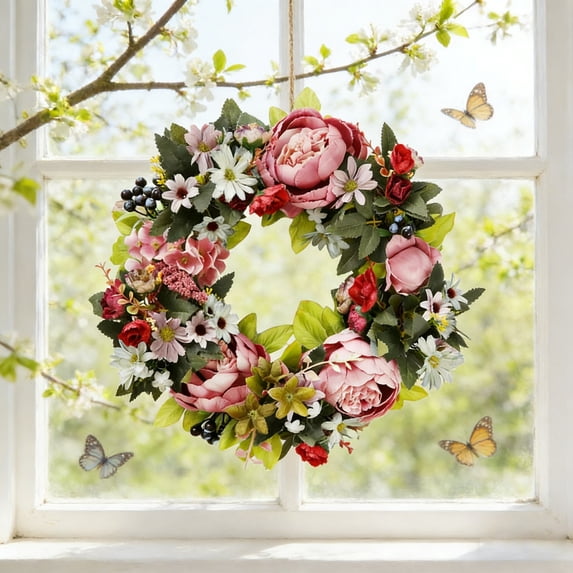 17 Inch Spring Summer Colorful Flower Wreath for Front Door, Mixed Wild Flowers Wreath for Home Decor, Colorful Wild Flowers with Green Leaves for Everyday (Pink)
