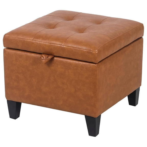 17 Inch Square Storage Ottoman,Small Foot Rest Stool for Couch, Faux Leather Upholstered Footstool Cube for Entryway Bedroom Living Room, Brown