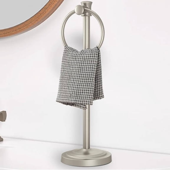 17 Inch Stand Hand Towel Holder Towel Bar Towel Hanging Ring, Free Standing Floor Hand Towel Rack Storage for Bathroom Kitchen Vanity Countertops, Hardware Accessories(Brushed Nickel)