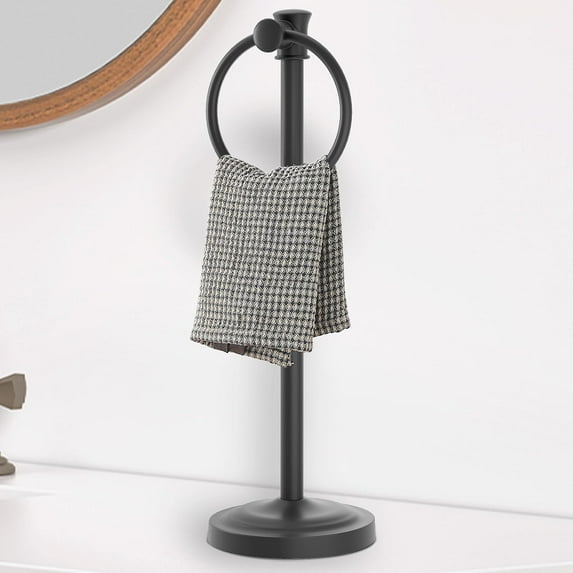 17 Inch Stand Hand Towel Holder Towel Bar Towel Hanging Ring, Free Standing Floor Hand Towel Rack Storage for Bathroom Kitchen Vanity Countertops, Hardware Accessories(Matte Black)