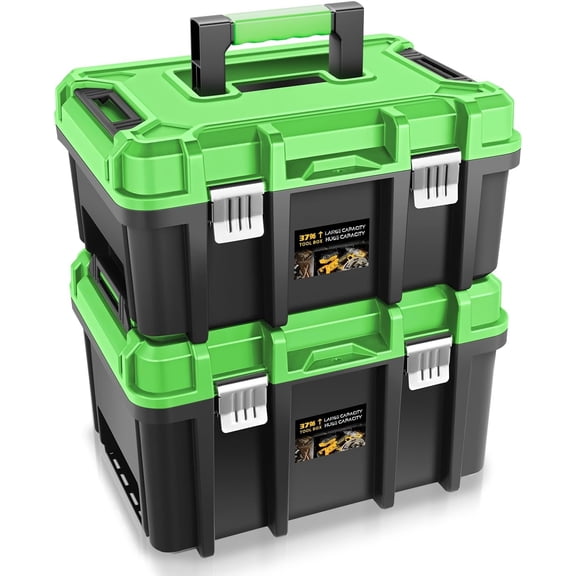 17-Inch Tool Box, 2Pcs Toolboxes Organizer Storage with Removable Tray and Portable Handle for Garage Workshop Home Office Car Trunk, Green