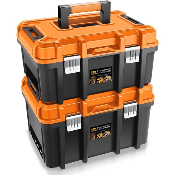 17-Inch Tool Box, 2Pcs Toolboxes Organizer Storage with Removable Tray and Portable Handle for Garage Workshop Home Office Car Trunk, Orange