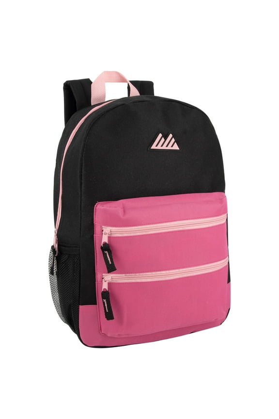 17 Inch Two Tone Color Multipocket Backpack with Pop Color Trim Accents and Zippers for Travel & Commuting in Black & Magenta