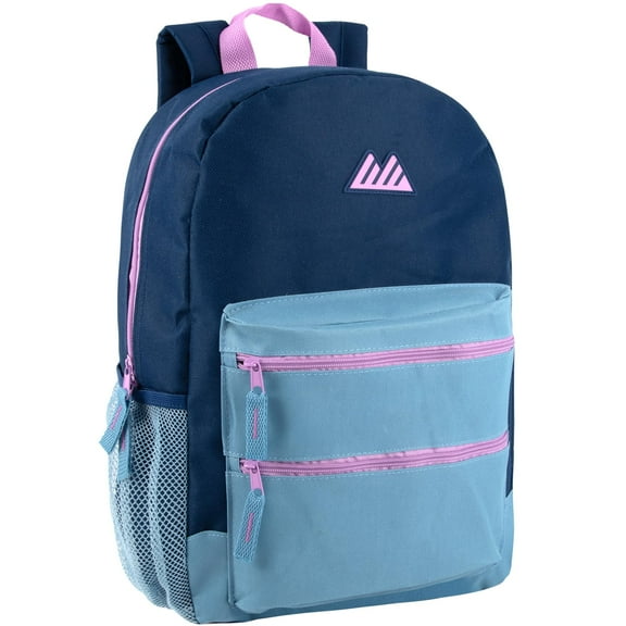 17 Inch Two Tone Color Multipocket Backpack with Pop Color Trim Accents and Zippers for Travel & Commuting in Navy & Light Blue