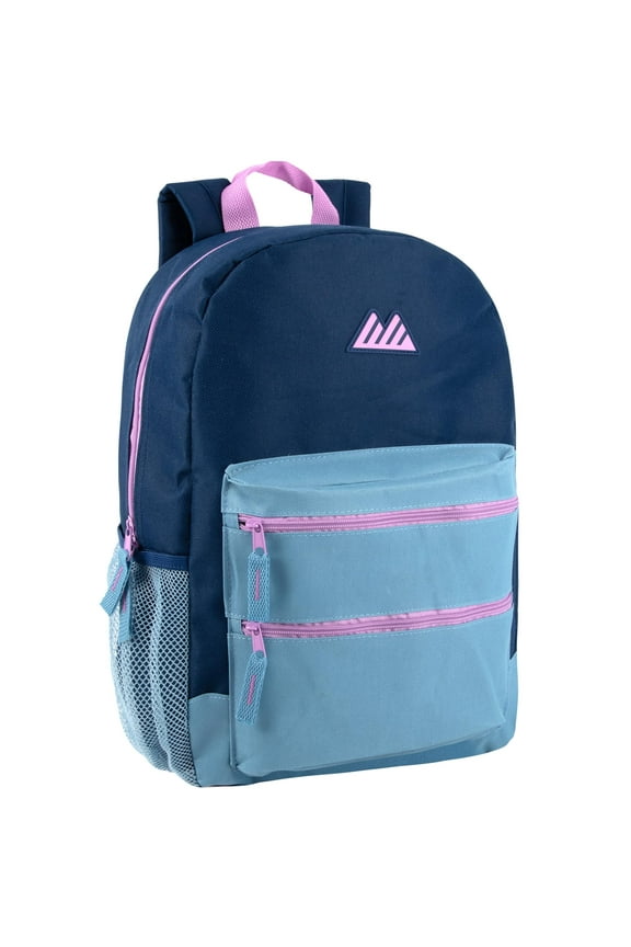 17 Inch Two Tone Color Multipocket Backpack with Pop Color Trim Accents and Zippers for Travel & Commuting in Navy & Light Blue