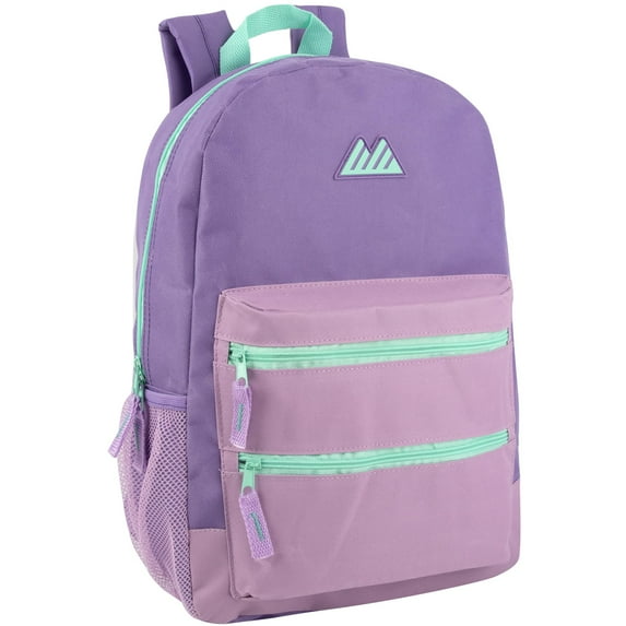 17 Inch Two Tone Color Multipocket Backpack with Pop Color Trim Accents and Zippers for Travel & Commuting in Purple & Lilac