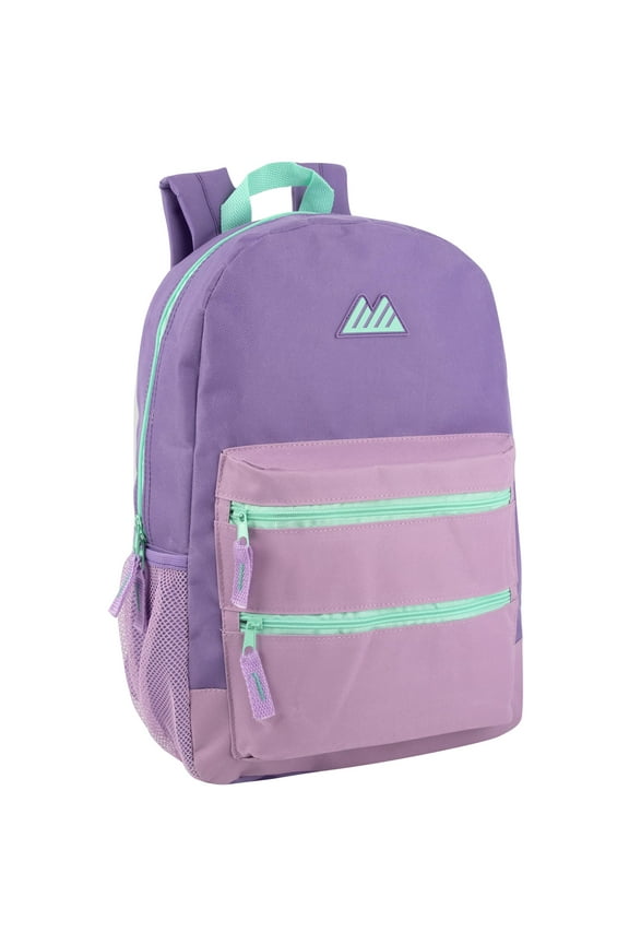 17 Inch Two Tone Color Multipocket Backpack with Pop Color Trim Accents and Zippers for Travel & Commuting in Purple & Lilac