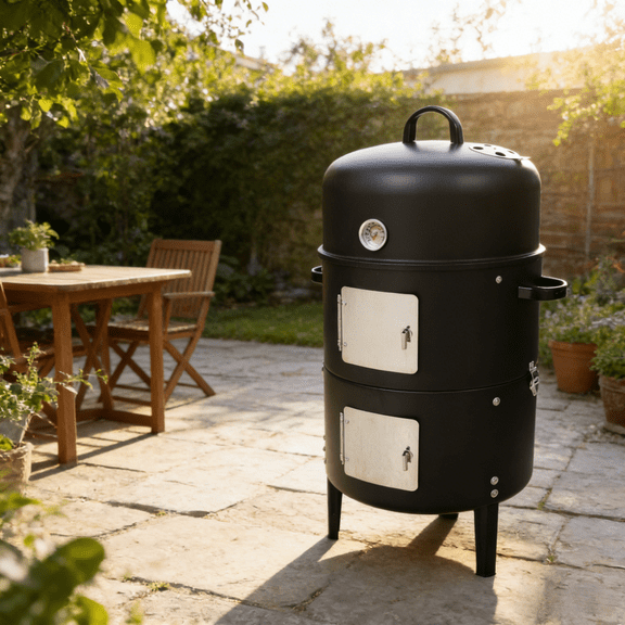 17 Inch Vertical Charcoal Smoker Grill, Heavy Duty Steel Drum BBQ with Built-in Thermometer & Dual Doors for Low & Slow Smoking, Grilling, Roasting in Backyard, Patio, Camping, Tailgating