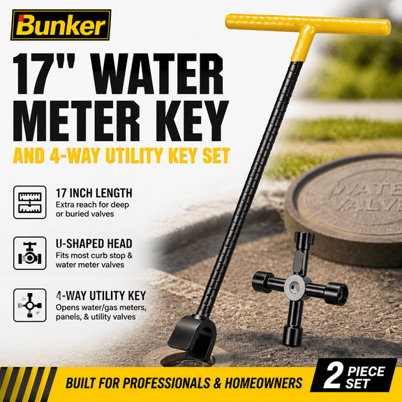17 Inch Water Meter Key and 4 Way Utility Key Set, Heavy Duty Steel T Handle Water Shut Off Tool for Underground Curb Stop Valves, Main Water Valve, Gas Meter and Utility Access