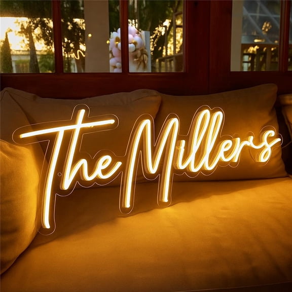 17 Inch With Remote Control Vintage Name LED Neon Sign, Acrylic Wall Light for Wedding Backdrop, Reception and Engagement Decor, Purple