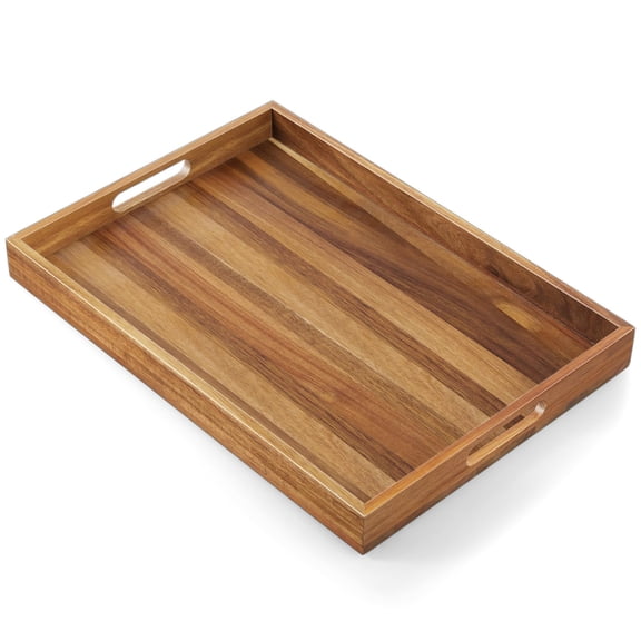 17 Inch Wood Serving Tray With Handles - Large Wooden For Ottoman  Breakfast In Bed Dinner Coffee Table Decorative Rectangular Living Room Bedroom Entryway And Kitchen