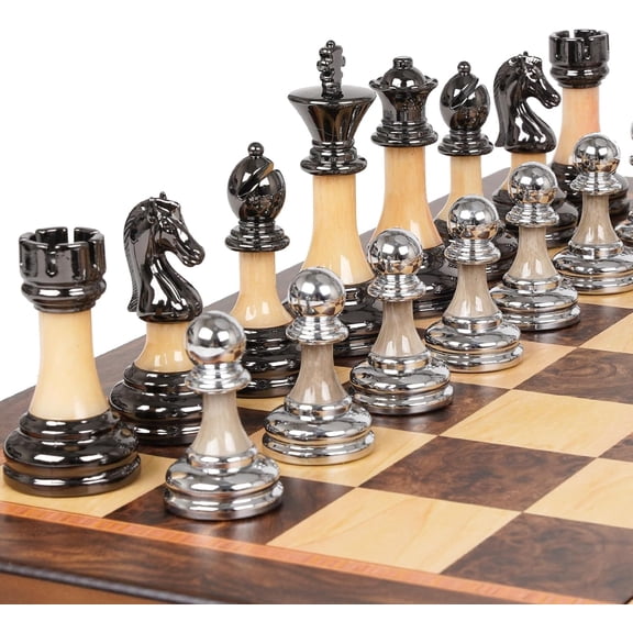 17 Inch Wooden Chess Board with Metal and Acrylic Pieces 3.5 Inch King 2 Extra Queens Foldable Tournament Set