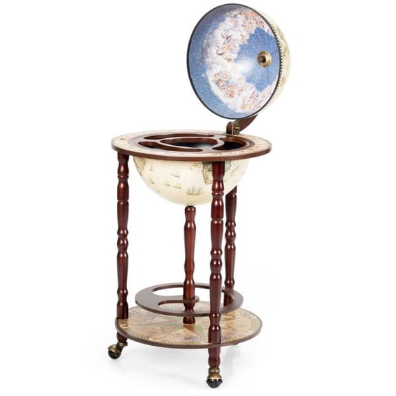 17 Inch Wooden Globe Wine Bar Cabinet with Rolling Wheels, Italian Style Globe Liquor Storage Rack, Freestanding Bottle and Glass Holder, Solid Wood Display Cabinet for Home Dining Room Living Room B