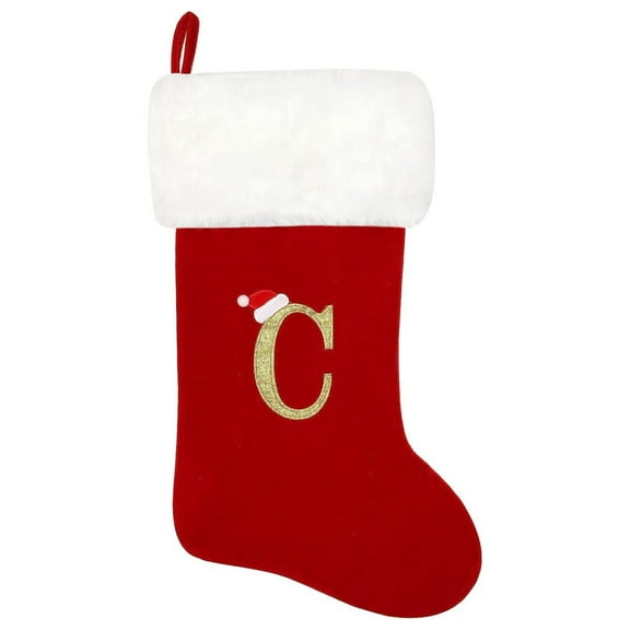 17 Inches Monogram Christmas Stockings Red Velvet with White Super Soft Plush Cuff Embroidered Xmas Stockings Classic Personalized Stocking Decorations for Family Holiday Season Decor