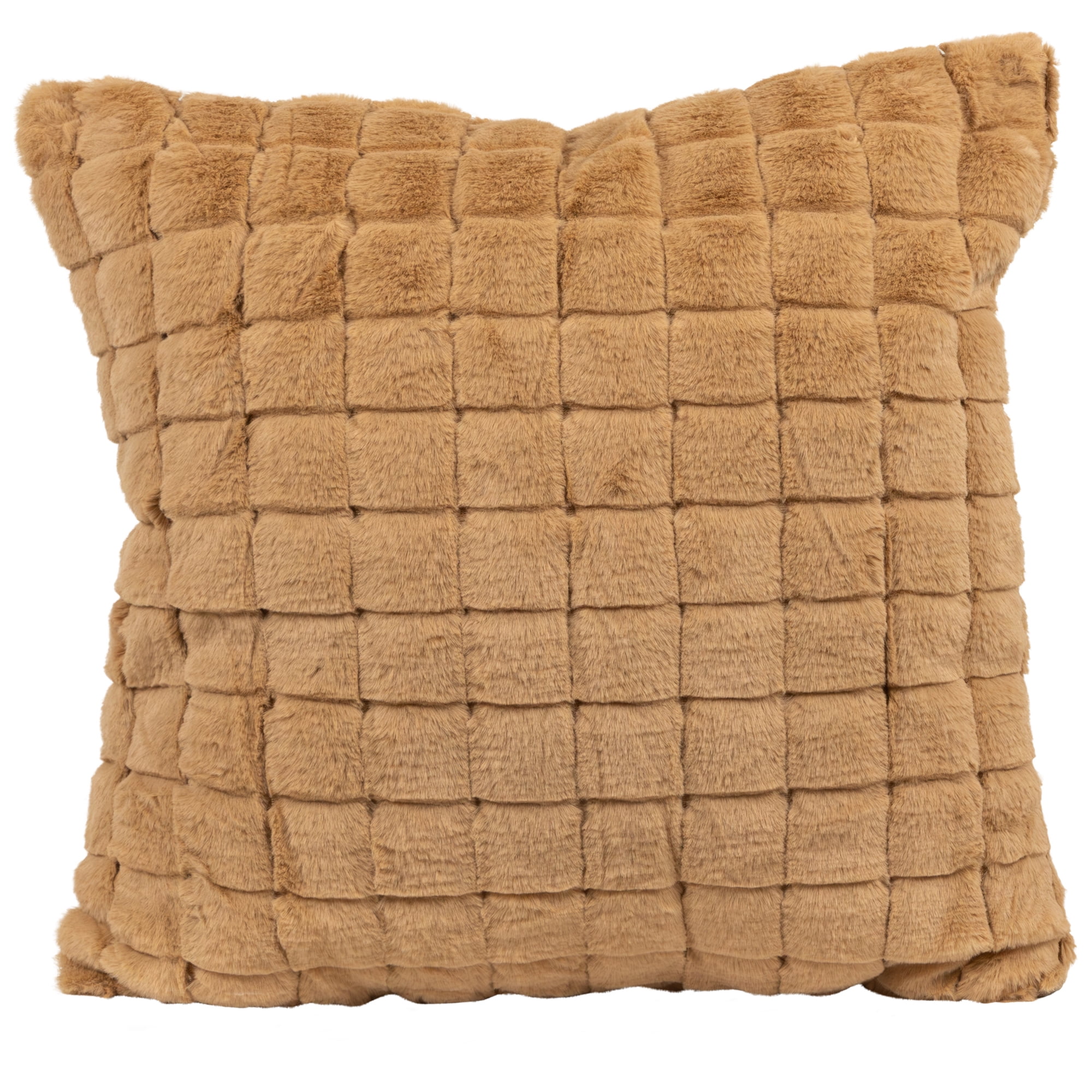 17" Khaki Rabbit Faux Fur Plaid Pattern Square Throw Pillow