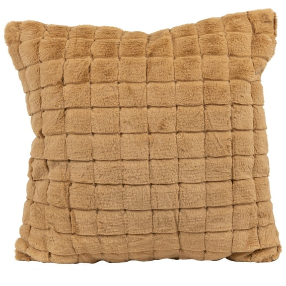 17" Khaki Rabbit Faux Fur Plaid Pattern Square Throw Pillow
